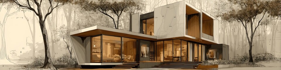 Contemporary House in Nature's Embrace: An architecturally stunning modern residence, seamlessly integrated with its natural surroundings, epitomizing elegance, tranquility.