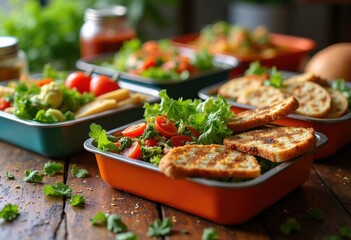 colorful metal lunch trays filled vibrant meals deliciously arranged captivating visual delight, food, plate, buffet, breakfast, fruits, vegetables