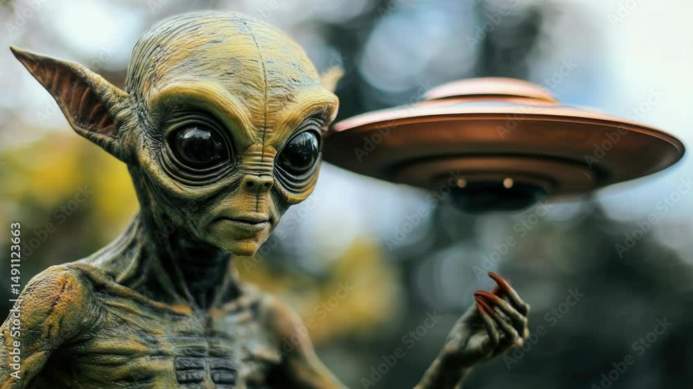 Poster a depiction of an extraterrestrial being next to its spacecraft, ideal for sci-fi or futuristic them