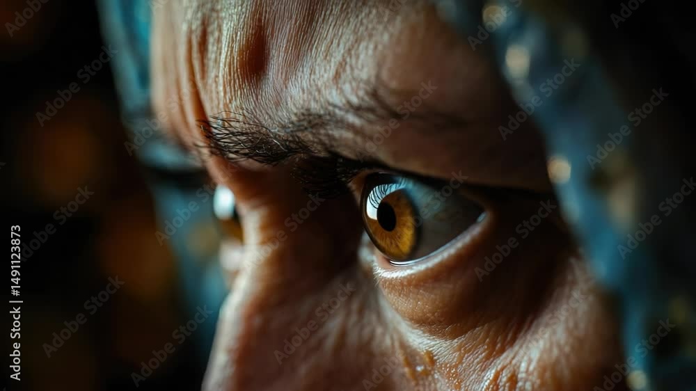 Poster a close-up of an individual's eye covered by a veil, suitable for use in mysterious or intimate scen