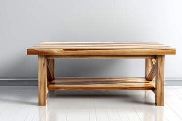 Fototapeta premium Rustic handcrafted rectangular wooden table with visible grain and solid crossbeam construction in farmhouse style, Generative AI