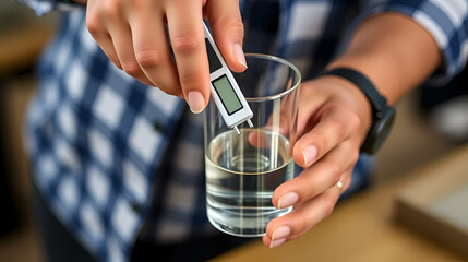 Man's hands hold an alcohol meter measuring the alcohol content in a plastic container.