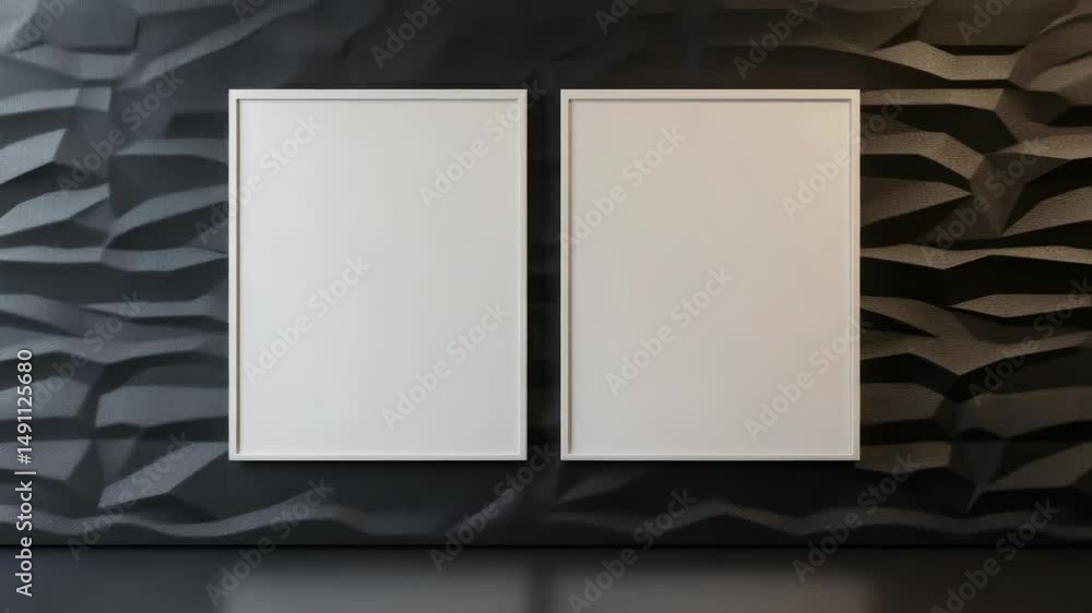 Poster Empty picture frames hang on a dark background