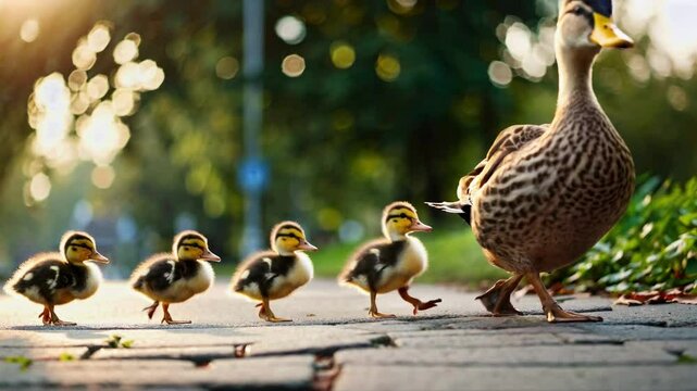 Low-angle video shot of a duck leading ducklings on a sunlit path, capturing a heartwarming, natural scene with a bokeh background.
