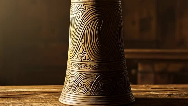 Handcrafted beer stein with intricate carvings displaying ethnic patterns sitting on a rustic wooden table in a dimly lit room