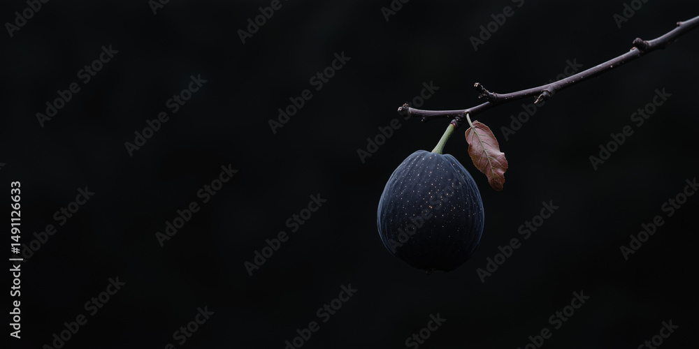 Poster a plum on branch. the plum hangs from a branch with a single brown leaf against a dark backdrop. the