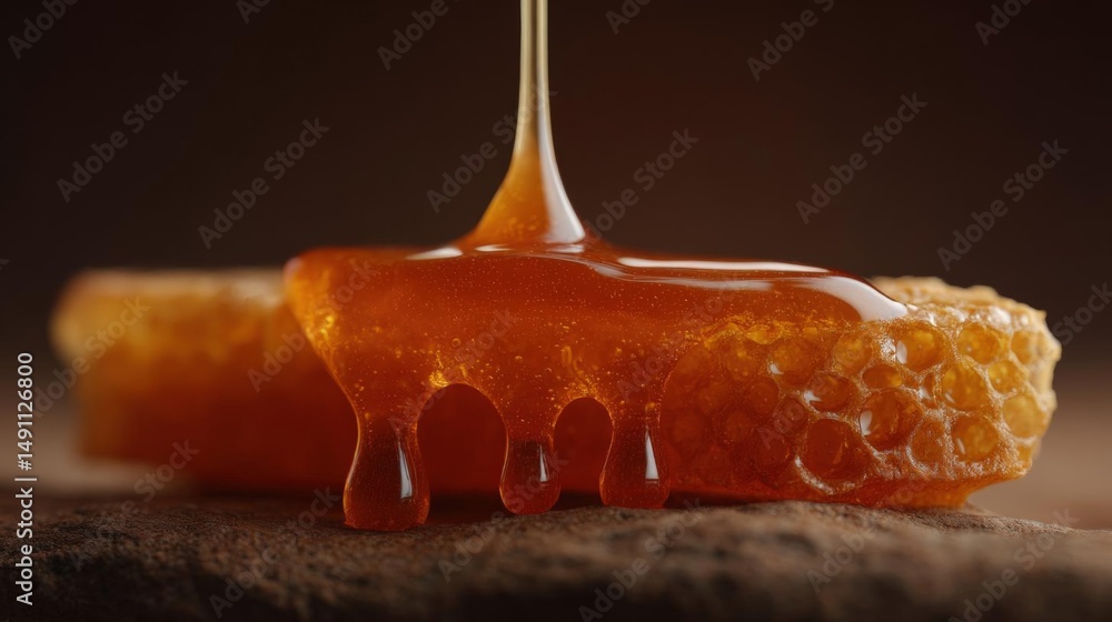 Poster close-up of a honeycomb with honey dripping from a pipette. the honeycomb is made up of hexagonal ce