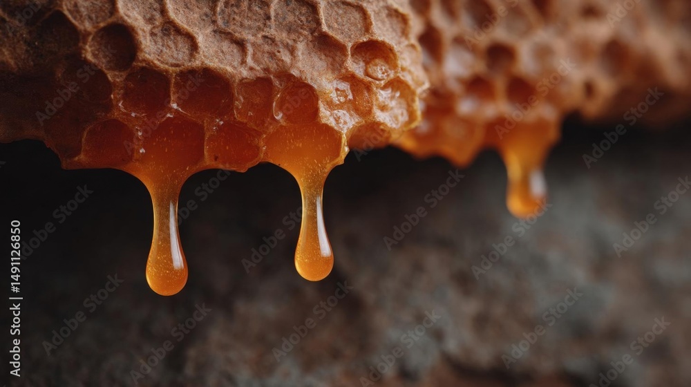 Poster close-up of a honeycomb with honey dripping down from it. the honeycomb is made up of hexagonal cell