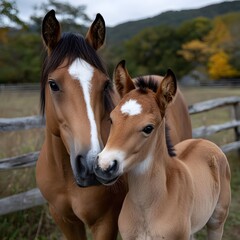 Fototapeta premium Two horses, one adult and one foal, close-up, gentle bond, autumnal backdrop