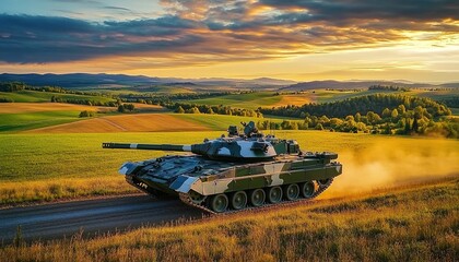 Fototapeta premium Camouflaged tank moving on green field with hills and dusk sky.