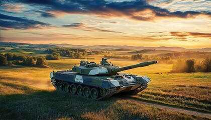 Fototapeta premium Camouflaged tank moving on green field with hills and dusk sky.