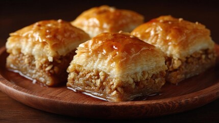 Wooden plate with four pieces of baklava on it. the bakls are golden brown in color and have a flaky, buttery texture.
