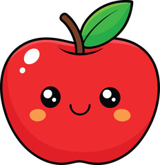 Happy Red Apple with Kawaii Face and Leaf, Cute Cartoon Fruit Illustration on White Background