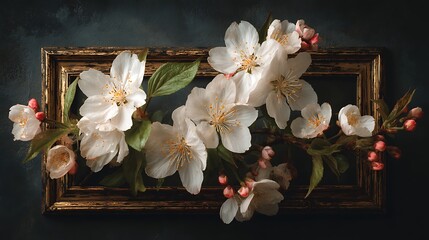 Fototapeta premium A heavyweight black wooden frame with a distressed gold patina, fresh gardenias and cherry blossoms spilling over the edges, matte white studio lighting.
