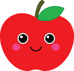 Cute Kawaii Red Apple with Smiling Face and Blush, Cartoon Fruit Character on White Background