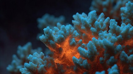 Obraz premium Close-up of a group of coral reefs. the coral appears to be a type of sea anemone, with a bright orange-blue color that stands out against the dark background.