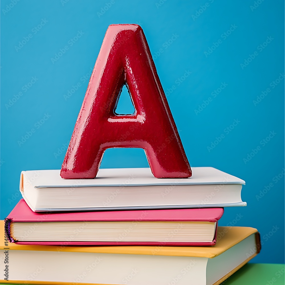Fototapete creates artistic representation of the letter a atop stacked books in a minimalist setting