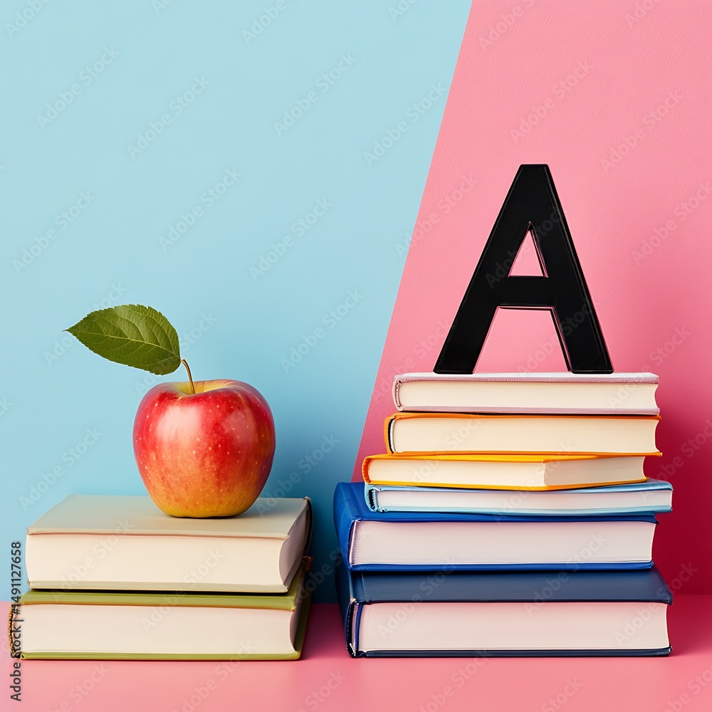 Fototapete creates artistic representation of the letter A atop stacked books in a minimalist setting