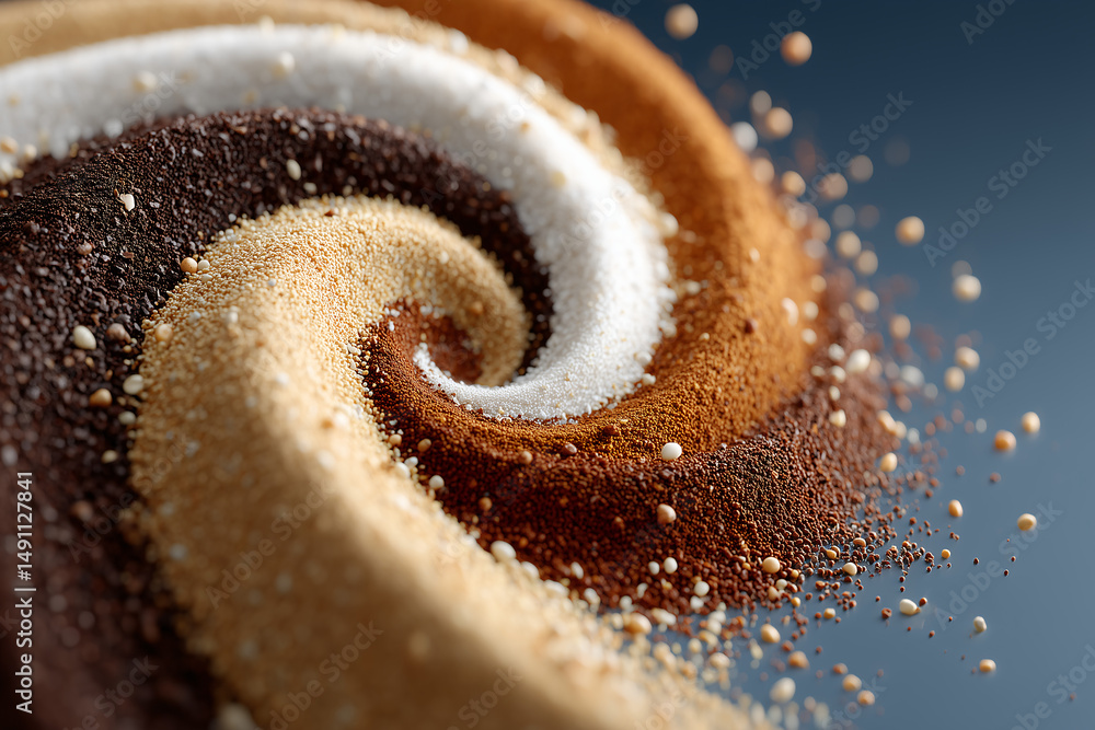 Poster a beautiful swirl of colorful sand, creating a mesmerizing pattern. the sand appears to be a mix of 