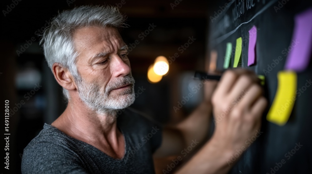 Aufkleber mature man is deep in thought as he writes with a marker on a blackboard, surrounded by vibrant stic