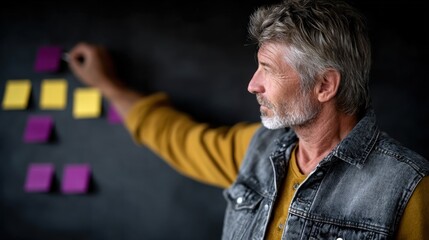 middle-aged man with gray hair focuses on arranging colorful sticky notes on a dark wall, deep in thought while brainstorming in a creative office environment during daylight