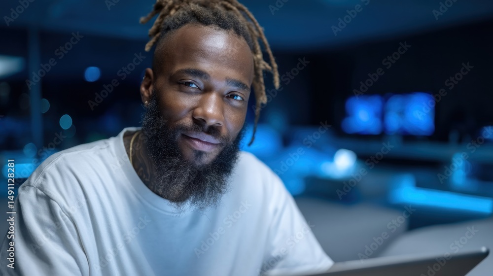 Aufkleber man with dreadlocks and a beard sits at a table using a laptop in a contemporary space. room glows w