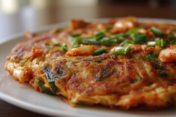 Flavorful Kimchi Pancake Jeon Plate Gourmet Display  
