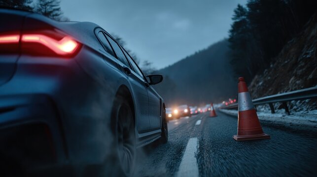 Cars are lined up on a winding mountain road at dusk. Traffic cones are placed to guide vehicles while soft mist envelops the surroundings, creating an atmospheric feel