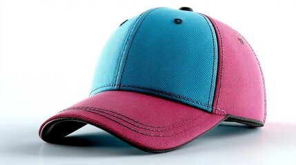 Fototapeta premium Colorful Baseball Cap with Blue and Pink Panels Fashionable Headwear for Sports and Casual Wea