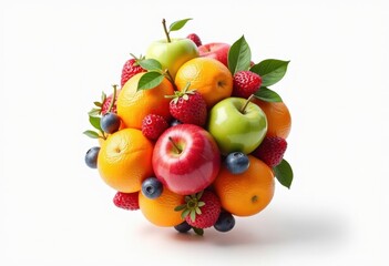 vibrant fruits levitating colorful still life white backdrop fresh healthy organic produce floating sphere, apple, orange, grape, strawberry, cherry, melon