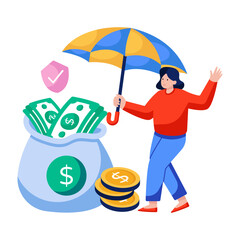 Money with umbrella, illustration of financial insurance