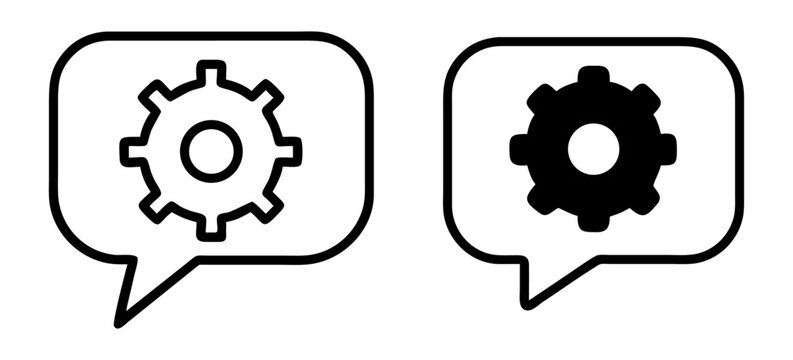 Vector icon of a gear inside a speech bubble, symbolizing support or tech help
