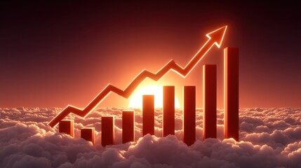 vibrant sunset casts an orange glow over clouds, while a bold graph with rising bars illustrates a significant upward trend, symbolizing growth and success in a financial or business context