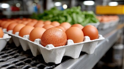 Rows of fresh brown eggs fill a carton, positioned in a food processing facility. Bright green lettuce is visible in the background, emphasizing the freshness of the produce
