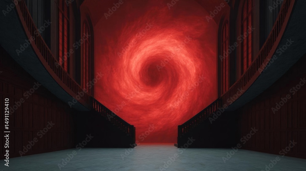 Poster empty room with a spiral staircase in the center. the staircase is made of wood and has a railing on
