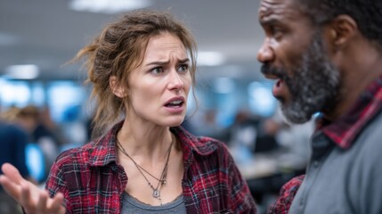 Fototapeta premium In a bustling office environment, a woman expresses frustration while debating with a man. Colleagues surround them, involved in their tasks, creating a tense atmosphere of urgent conversation