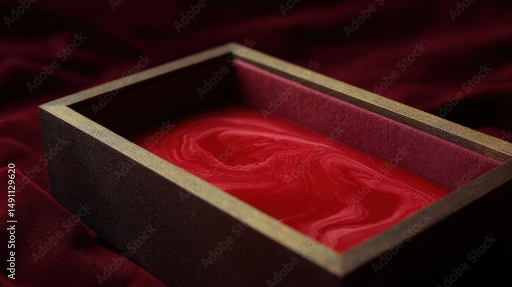 Poster close-up of a small rectangular box with a wooden frame. the box is placed on a red fabric backgroun