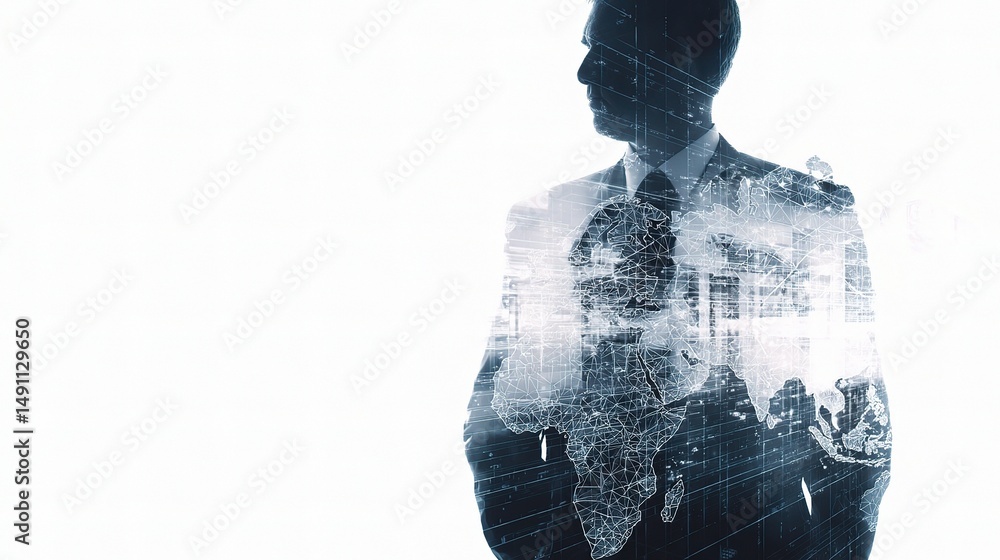 Poster silhouette of businessman and digital data elements for cybersecurity visualization