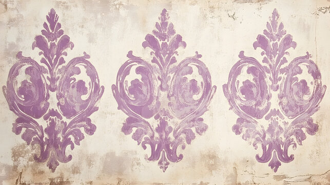 Elegant Vintage Damask Pattern with Ornate Purple Flourishes on Distressed Antique Canvas Texture