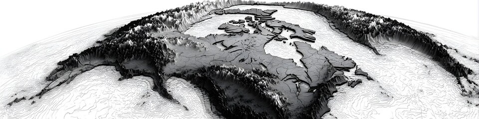 Global Perspective: A grayscale 3D model of Earth, emphasizing the Northern Hemisphere, with a focus on North America and its surrounding continents.  The image offers a unique.