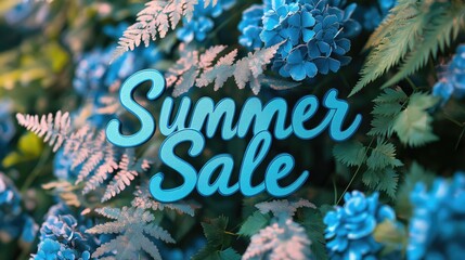 Summer Sale Email Banner with Fern Leaf and Blue Flowers, Vibrant Business Marketing Graphic for Promotions, Seasonal Discount Ad Web Shopping Design