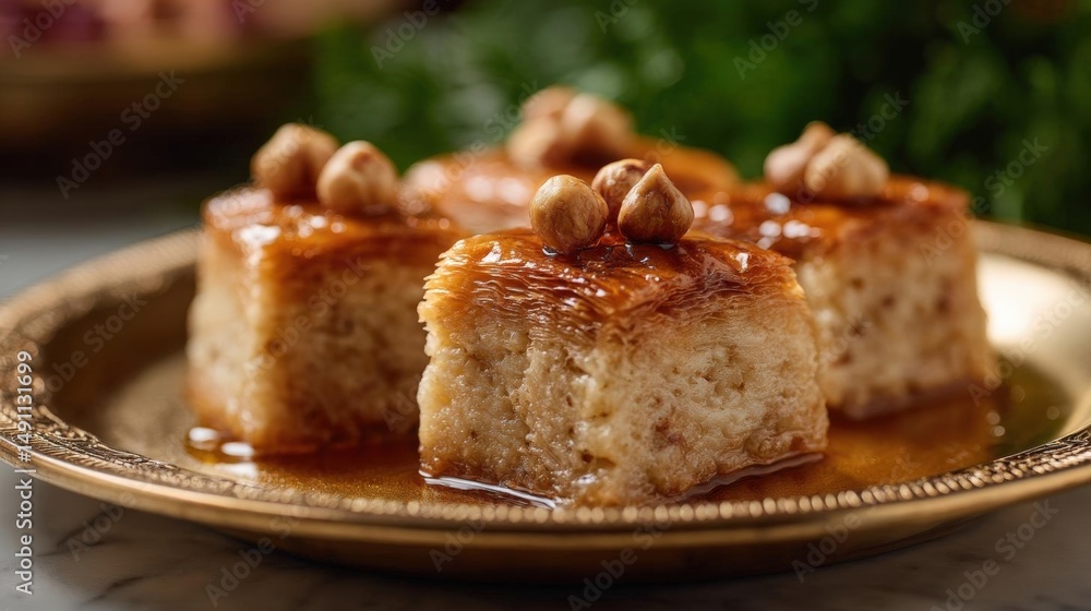 Poster plate with three pieces of bread pudding on it. the bread pudding is golden brown in color and appea