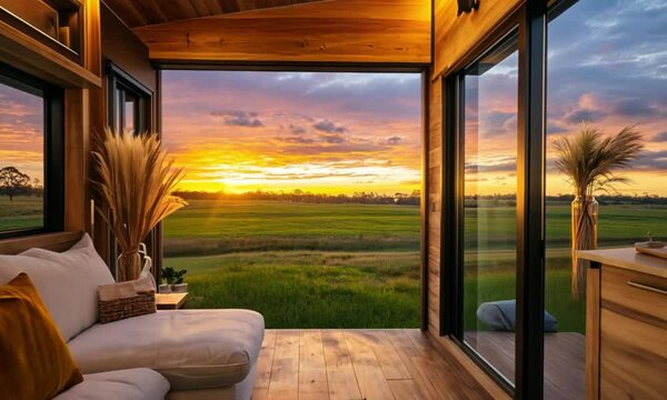 Sunset Tiny House View: Peaceful Rural Retreat