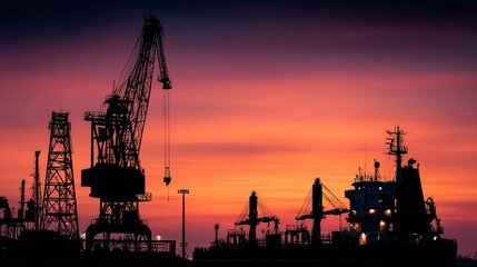 Obraz premium Silhouette of Dockyard Crane Blended with Cargo Ship at Sunset