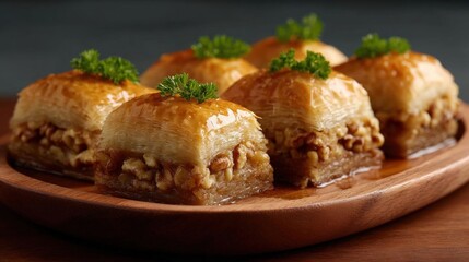 Wooden plate with six pieces of baklava, a traditional middle eastern dessert, arranged in a circular pattern on it. the bakliava is golden brown in color and has a flaky, buttery texture.