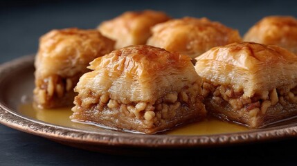 Plate of six pieces of baklava, a traditional middle eastern dessert. the dish is made with a golden-brown pastry crust and is filled with a mixture of nuts and meat.