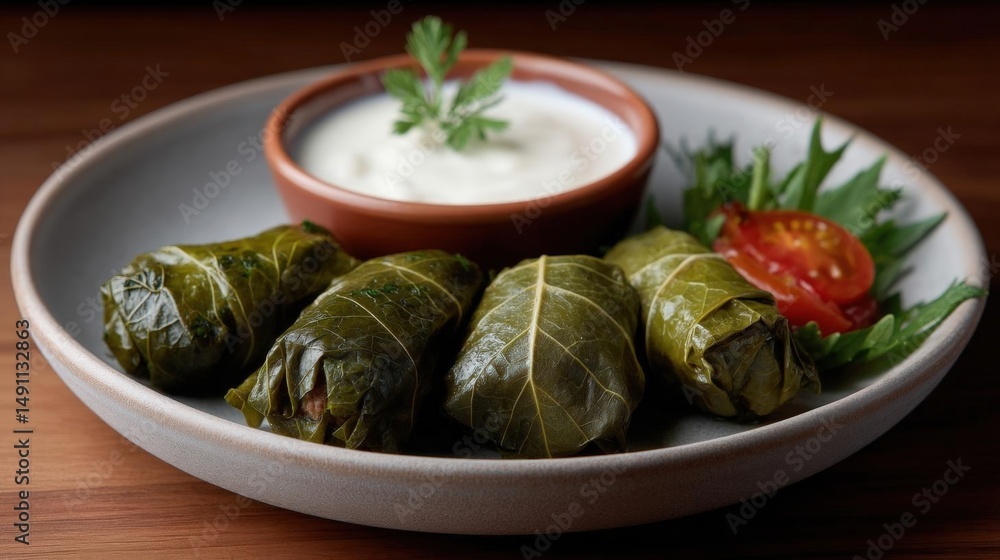 Poster plate of stuffed grape leaves with a small bowl of white sauce on the side. the grape leaves are arr
