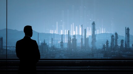 Silhouette of Executive Over Energy Financial Dashboard at Dusk