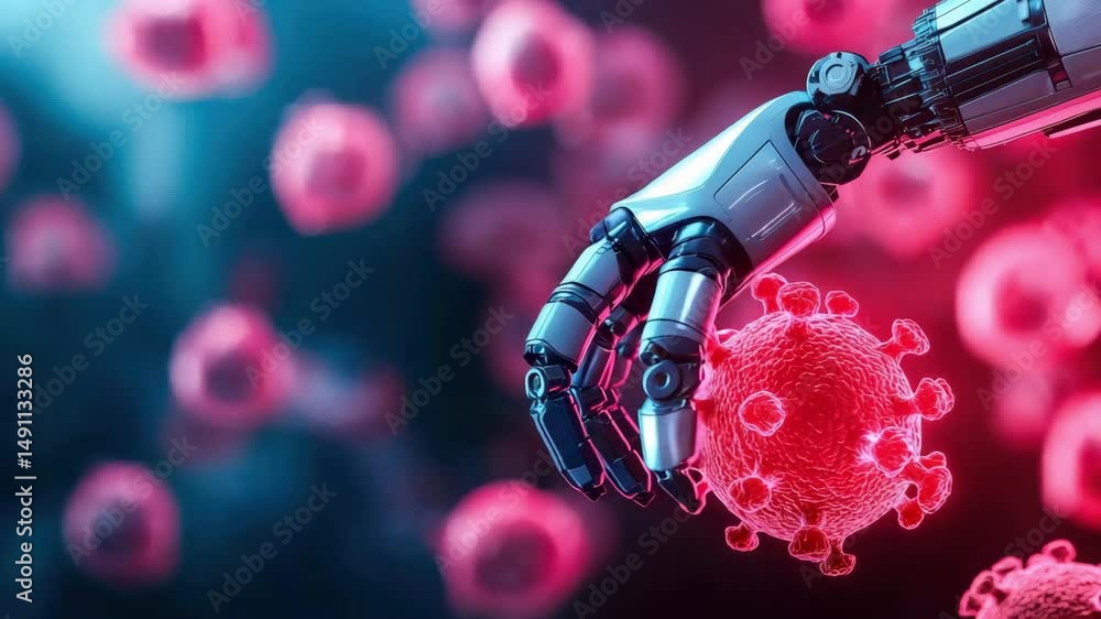 Aufkleber a robotic hand reaches towards colorful virus particles, symbolizing the intersection of technology 