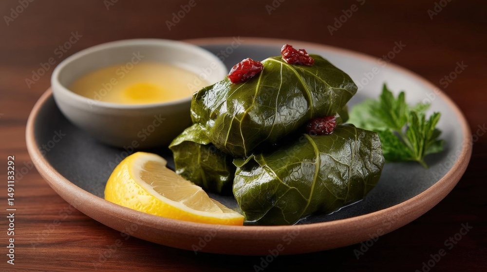Poster plate of stuffed grape leaves with a slice of lemon on the side. the grape leaves are arranged in a 